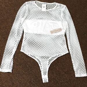 Iris white fishnet long sleeve bodysuit large NWT